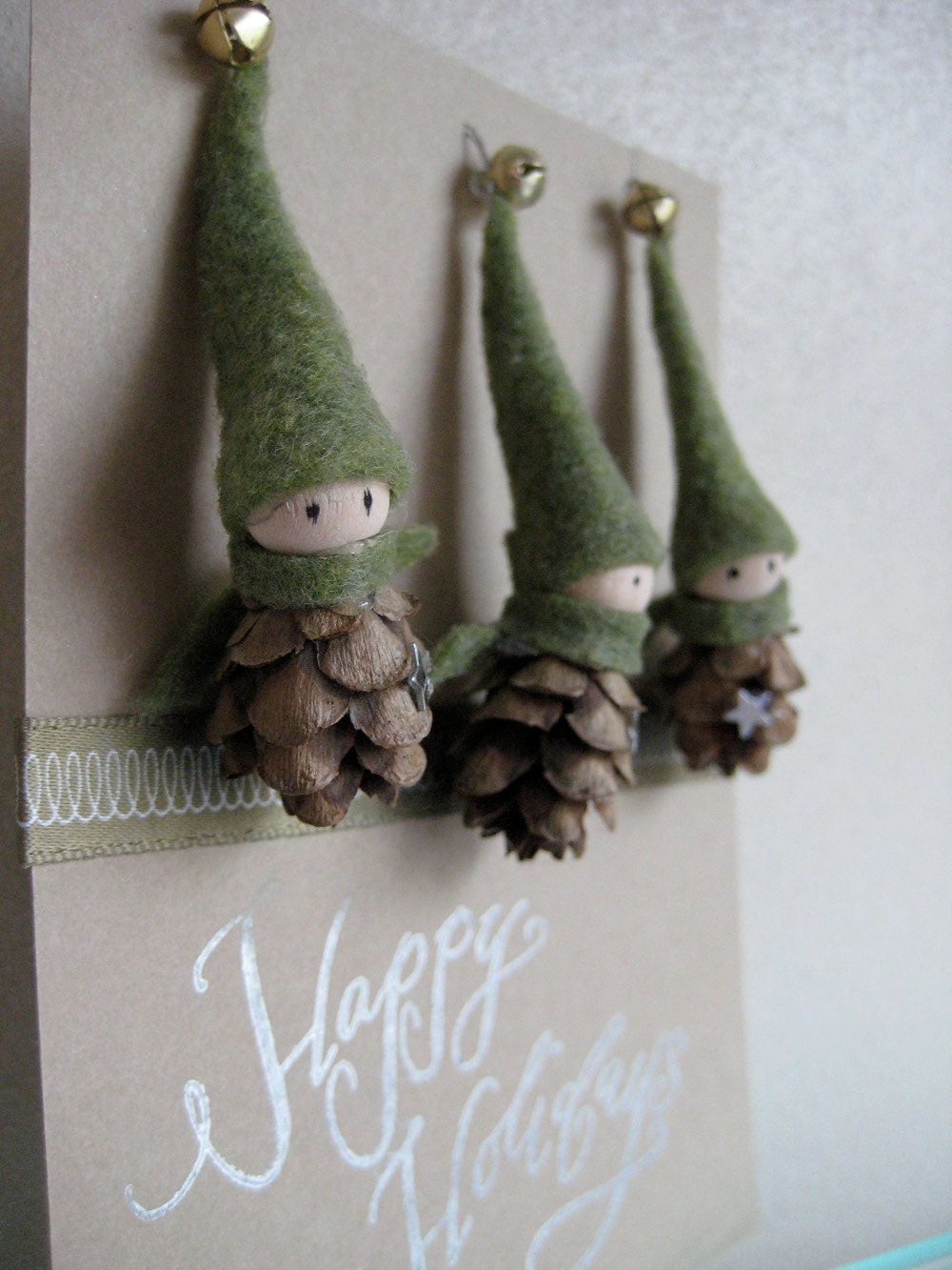 Tiny Pine Cone Elves -- set of 3 ornaments
