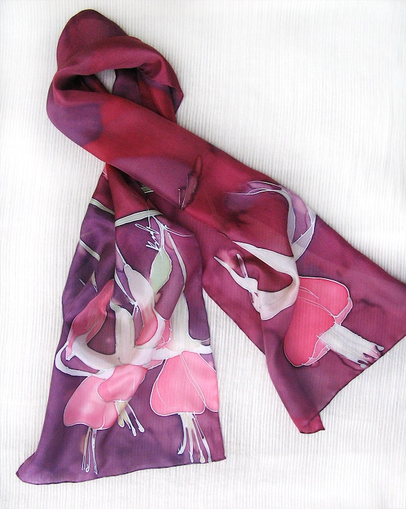 Hand painted silk scarf  Magenta's flowers FREE SHIPPING