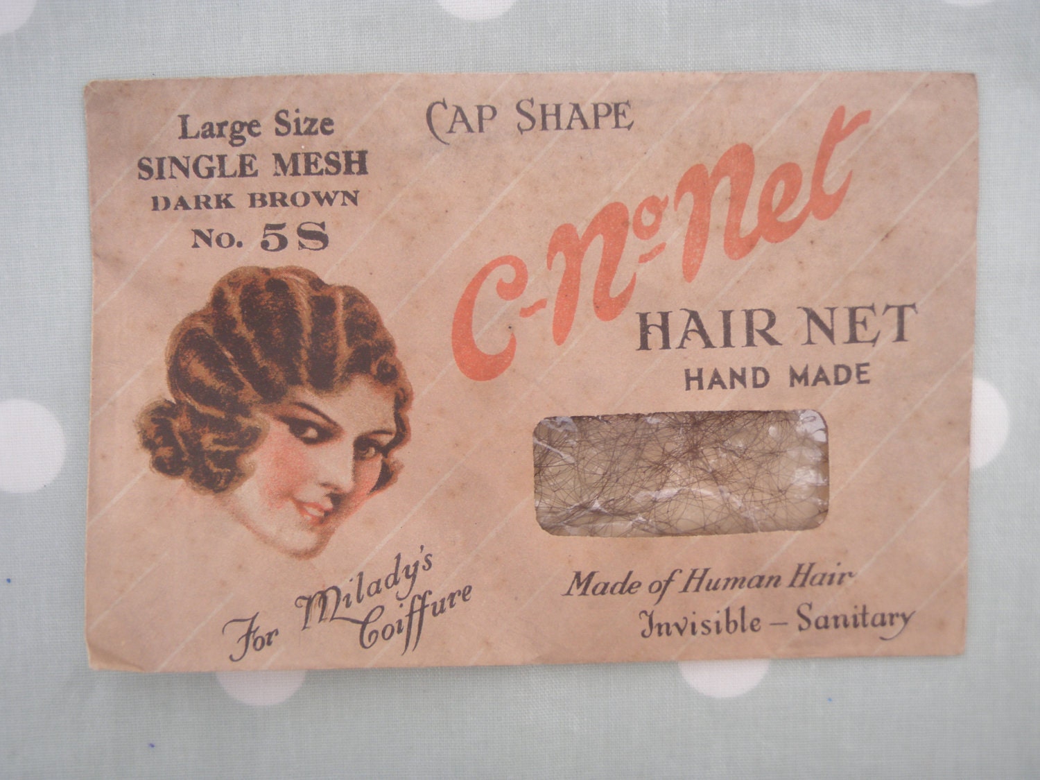 C-No-Net 1930s Real Hair Net in Orginal Packaging - large size No.5S Dark Brown