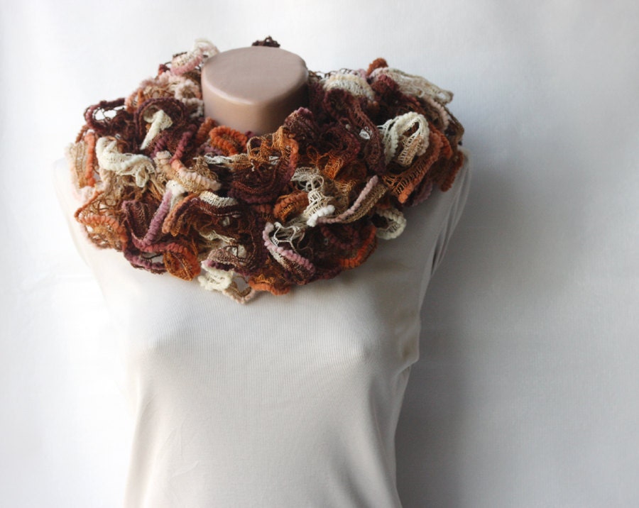 Knit scarf - variegated brown orange ecru  with frilly lace mesh yarn Winter accessories