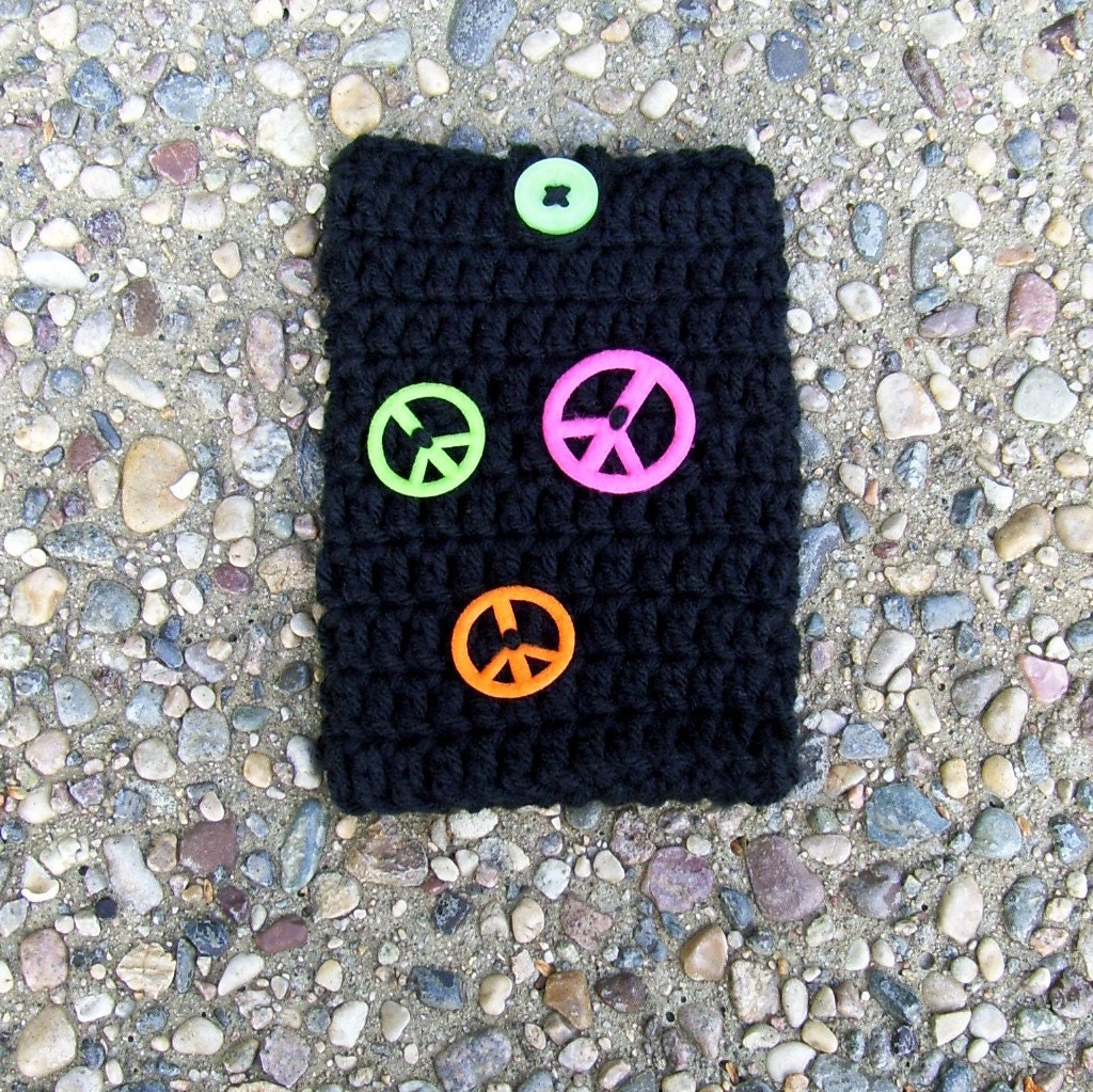 Cell Phone Cozy Case Pouch Crocheted Black Peace Signs