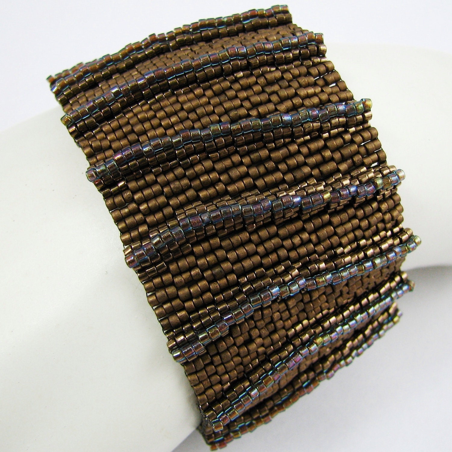 Ridged Transitions in Bronze and Aqua  Peyote Cuff / Peyote  Bracelet (2603) - A Sand Fibers Creation