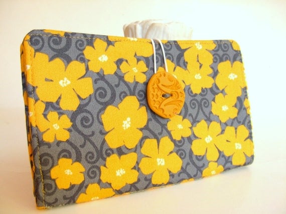 Cyber Monday Etsy -Handmade Tampon and Pad Privacy Clutch Mustard Yellow Flowers Slate Gray Fabric Holder - Marigold