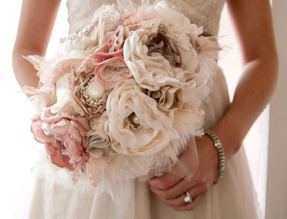 Fabric Flower Custom Wedding Bouquet, with rhinestone and pearl brooches, choose your colors
