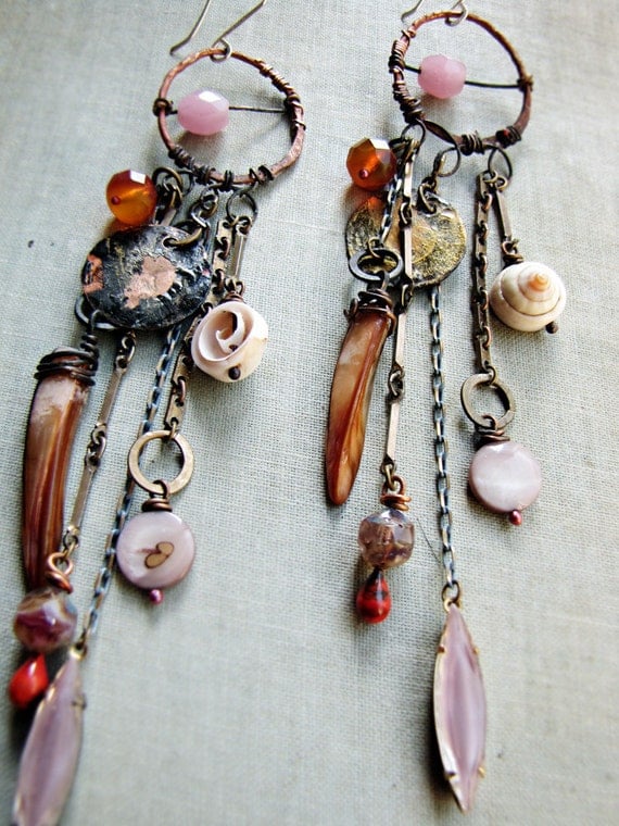 rainmaker - assemblage earrings - long bohemain style - vintage chain - shell charms
