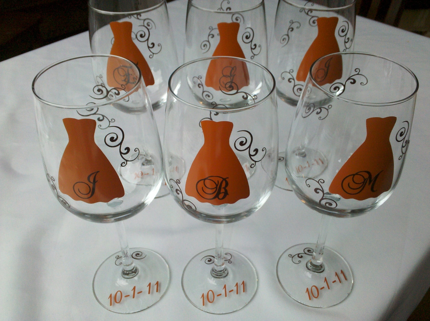 Fall wedding, 6 Bridesmaids gift wine glasses in burnt orange and brown