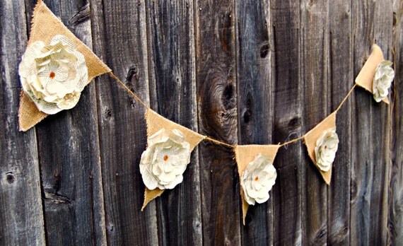 Book Page Flower & Burlap Pennant Garland