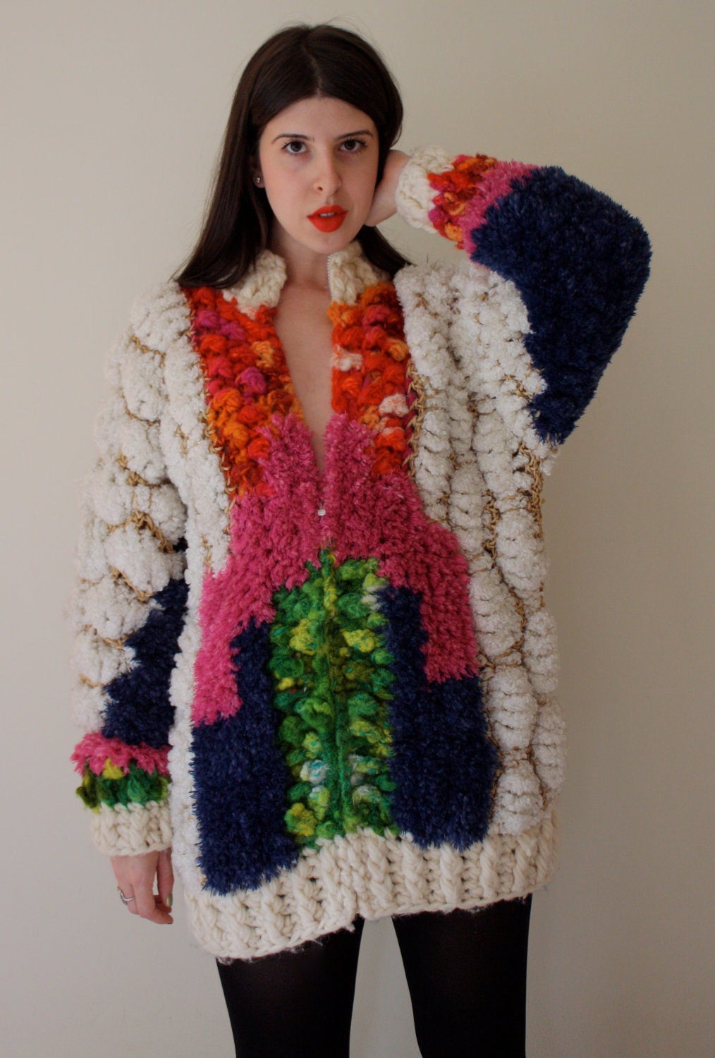 1970s Psychedelic Rainbow Shag Popcorn Native Funk & Flash Sweater Coat S-M-L