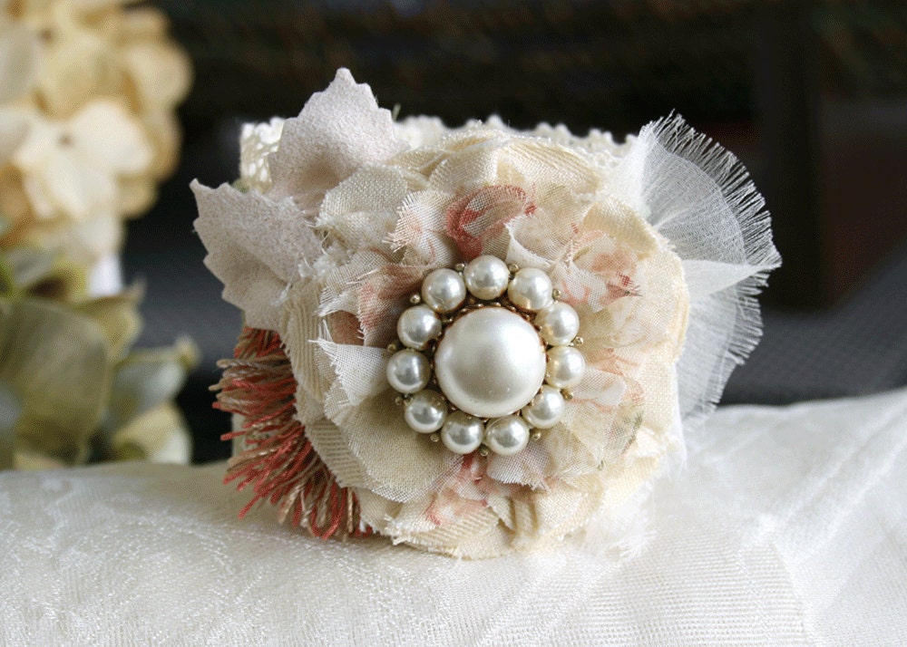 Floral Cuff Bracelet Wrist Corsage in Sage Green, Ivory White and Blush