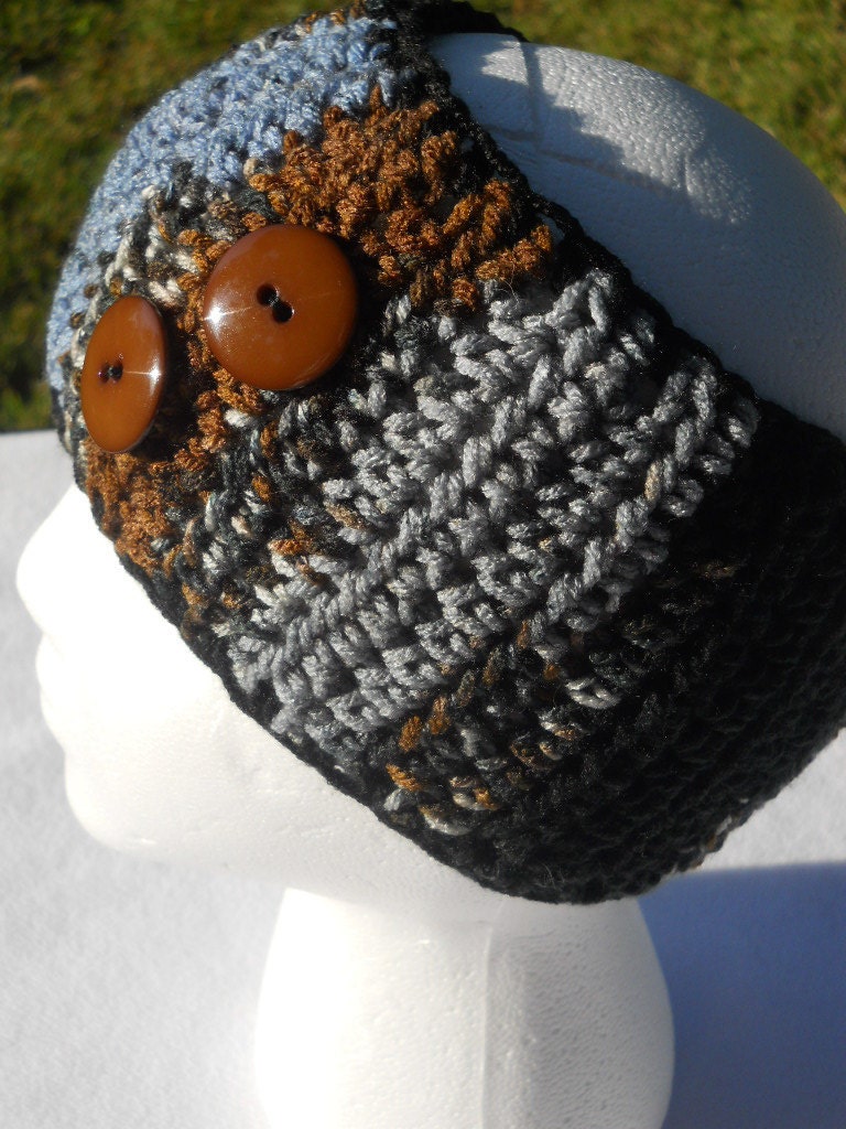 Crocheted Headwarmer, Headband, or Earwarmer in Brown, Grays and Black