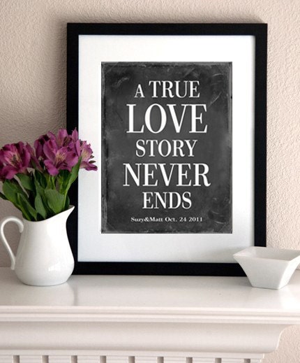 Quote print Love quote Inspirational Quote Wall Quote/Personalized Gift(A True Love Story Never Ends ) Print-Personalize with names and date