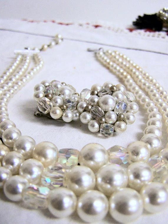 Vintage Bridal Jewelry Pearls with Crystals Triple Strand Necklace Earrings Set