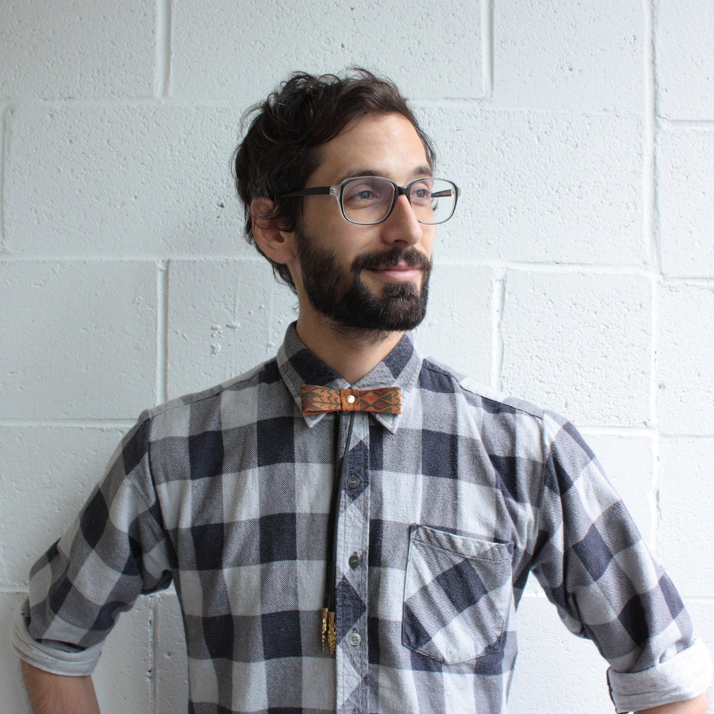 Bow Tie Bolo - Navajo Printed Suede, Brass Arrowhead Tips