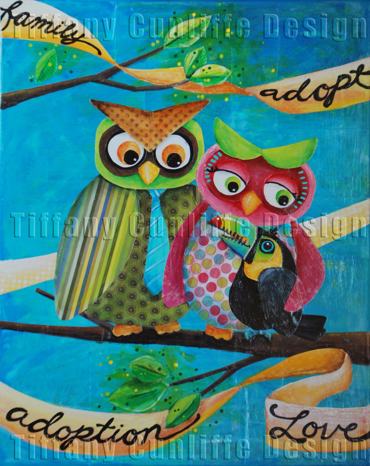 Owls adopt a Toucan - art print