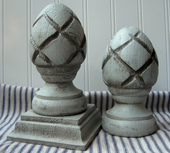 Pair wooden acorn finials French grey Swedish grey Shabby Chic