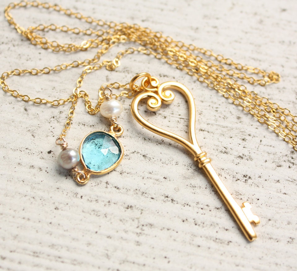Gold Skeleton Key Necklace - Long Key - Romantic Key Necklace
