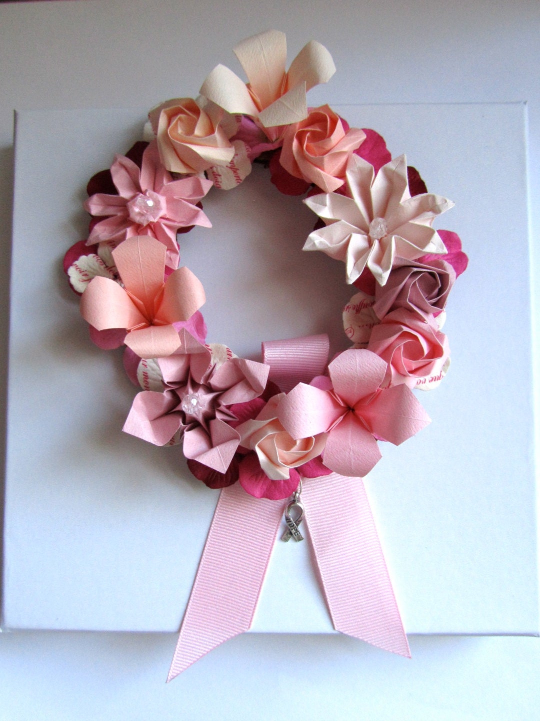 Pink Origami Flower Hope Ribbon Wreath