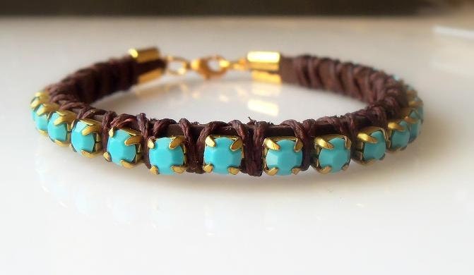 Friendship Bracelet - Chocolate Brown Leather Woven with Swarovski Turquoise Crystals