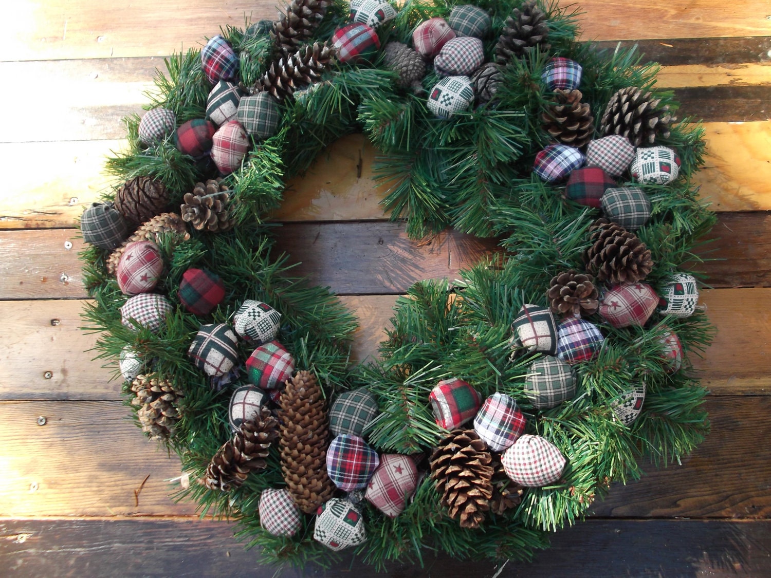 Evergreen Winter Wreath with Pinecones and Fabric Puffs