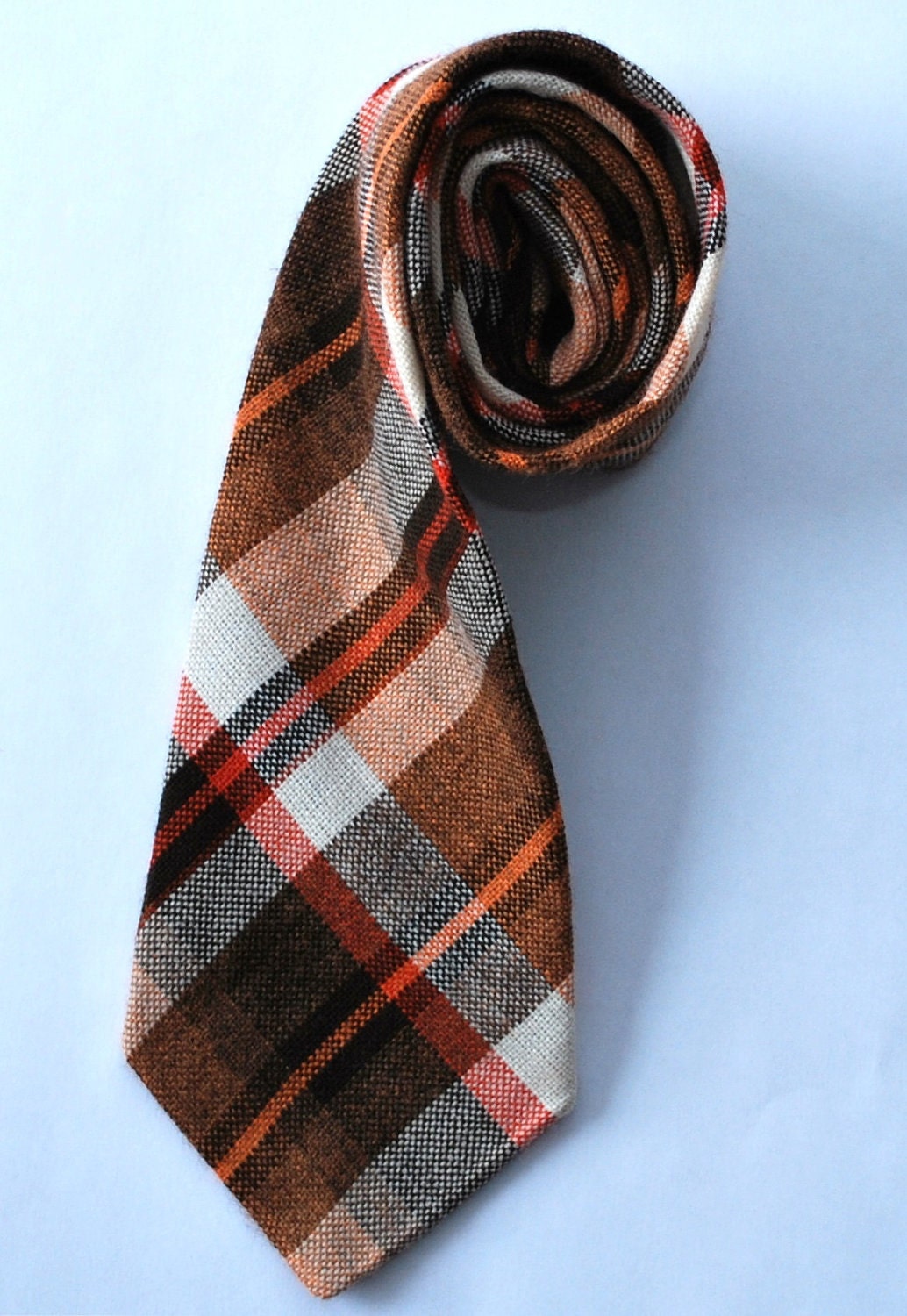 vintage plaid tie brown orange - checked wool mens necktie Distinctive Ties 1960s 1970s