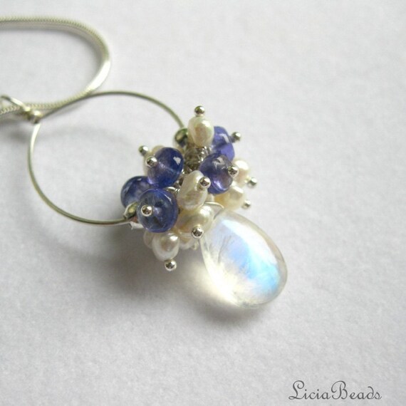 Tanzanite and pearl cluster with moonstone briolettes, sterling silver earring and necklace set