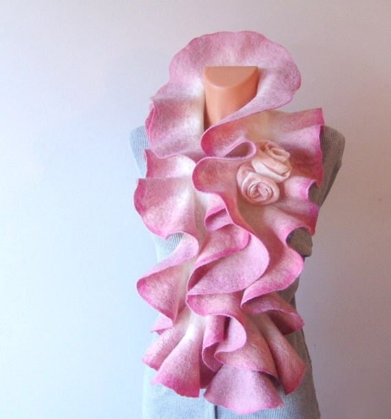 Felted scarf ruffle collar   Pink Rose by galafilc on Etsy from etsy.com