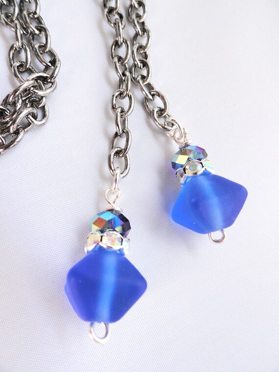 Cobalt Blue Lampwork and Purple Swarovski Crystal Lariat Necklace