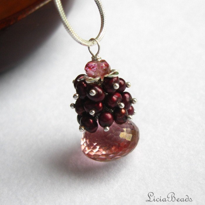 Raspberry Briolette, Pink Quartz and freshwater pearl cluster necklace