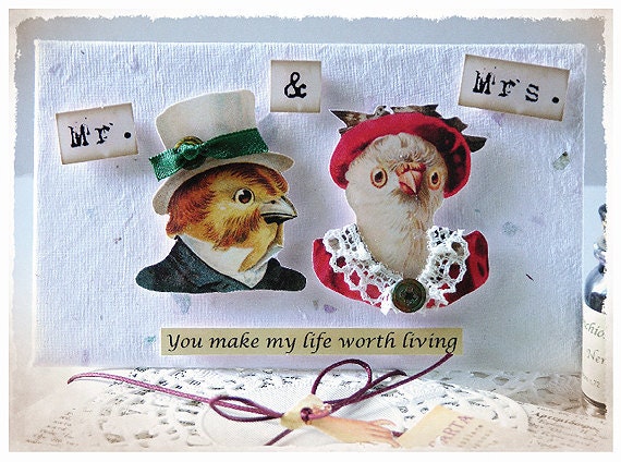 WEDDING CARD Handmade Post Card Love Birds Vintage style 