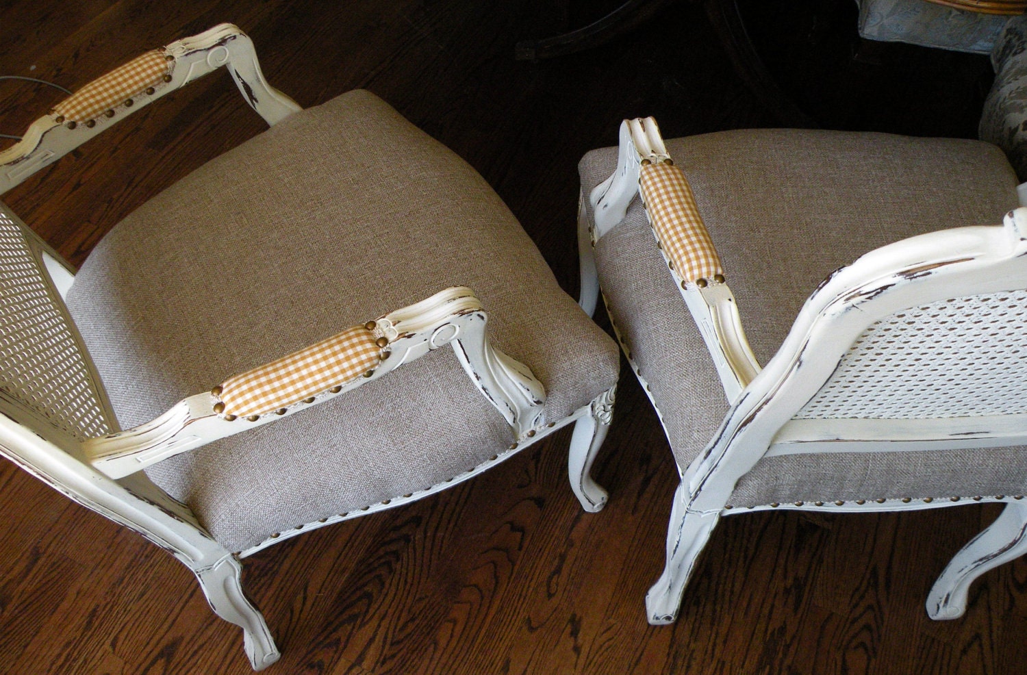 French Cane Chairs White Painted Upholstered Linen Pair of Bergere Chairs