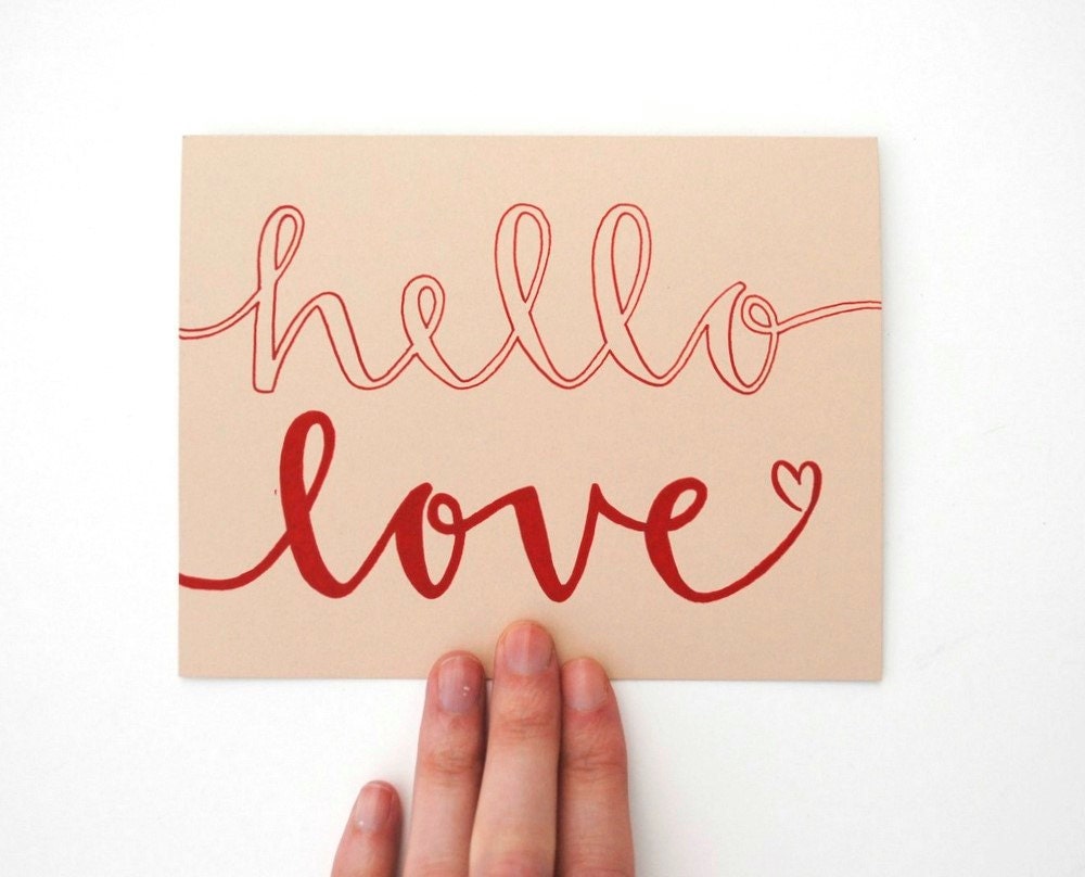 Romantic Folded Card for Valentine's Day . Hello Love . Handwritten Calligraphy . Red Ink on Beige