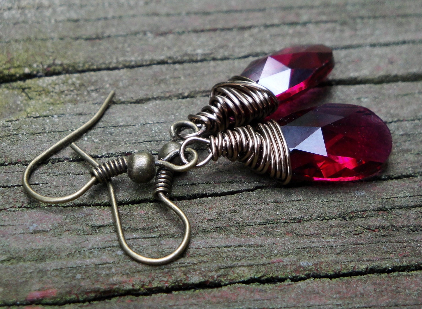 Ruby Swarovski Crystal Teardrop Earrings Wrapped in Antique Bronze Wire
