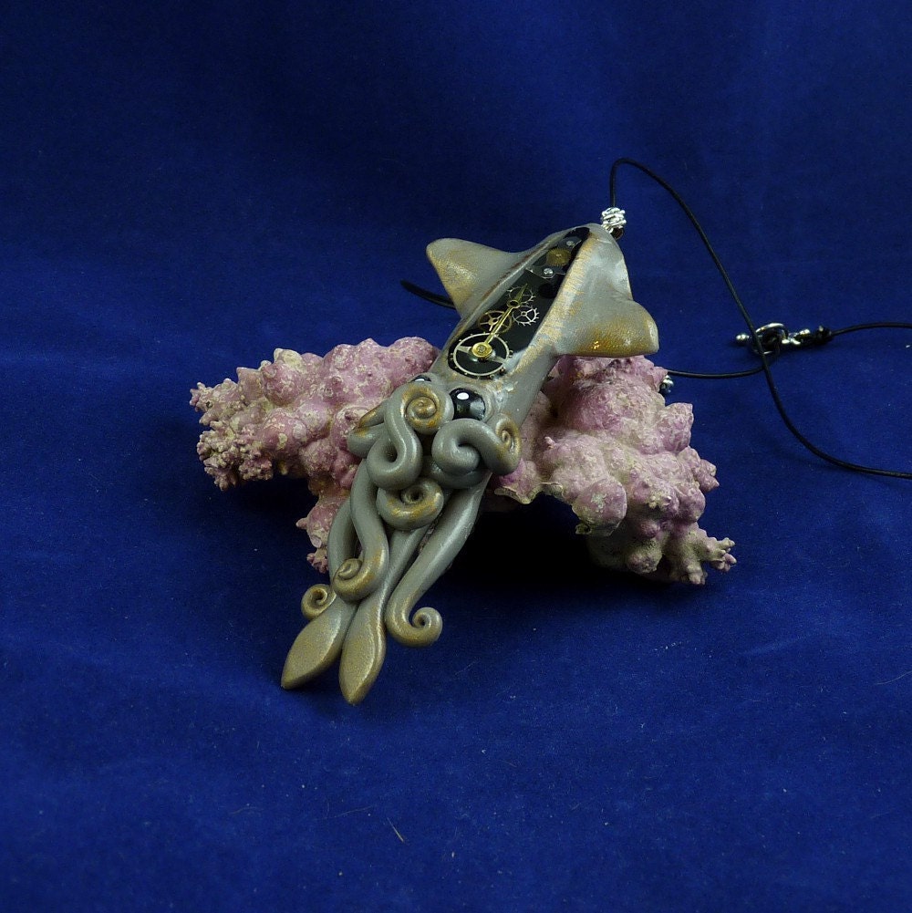 Steampunk Squid Necklace - Handmade Polymer Clay Jewelry