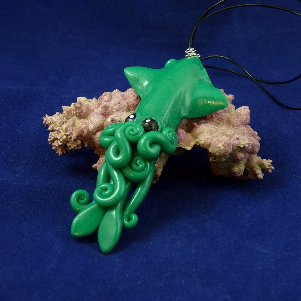 Jade Squid Necklace - Handmade Polymer Clay Jewelry