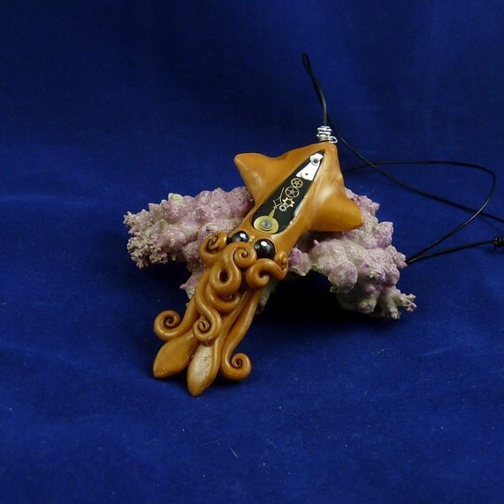 Brass Steampunk Squid Necklace - Polymer Clay Squid Pendant