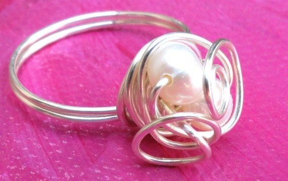 Wire Wrapped Ring Silver Plated Wire and Faux Pearls READY FOR SHIPPING