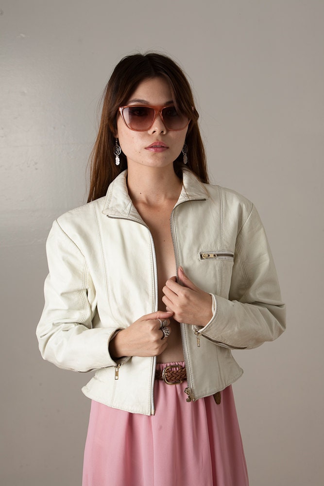 vintage 80s 90s white leather cropped skinny fit motorcycle jacket