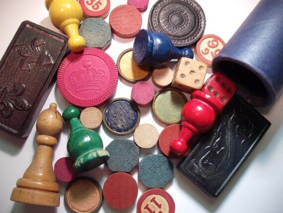 Vintage Wood Game Piece Assortment