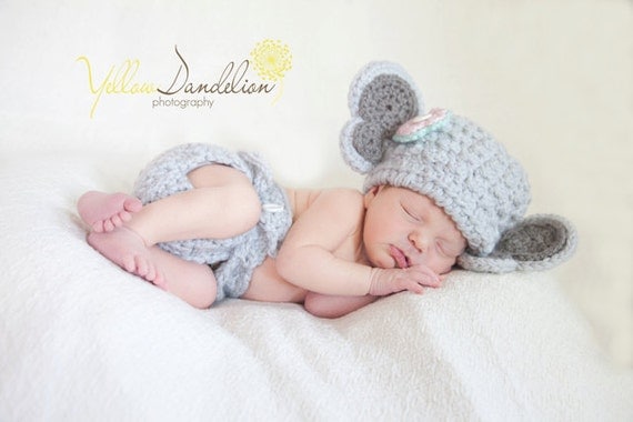 Chunky Elephant Hat with Detachable Flower and Multi-size Diaper Cover