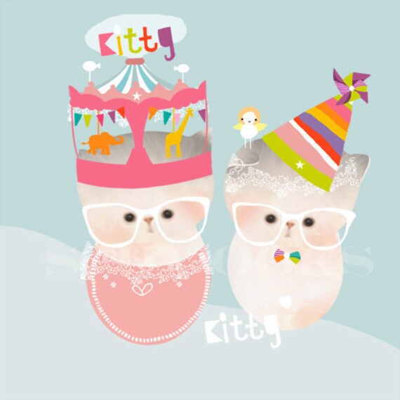 Nursery Cat Art Print Children Decor - 'Kitty Cuddles Carnival'