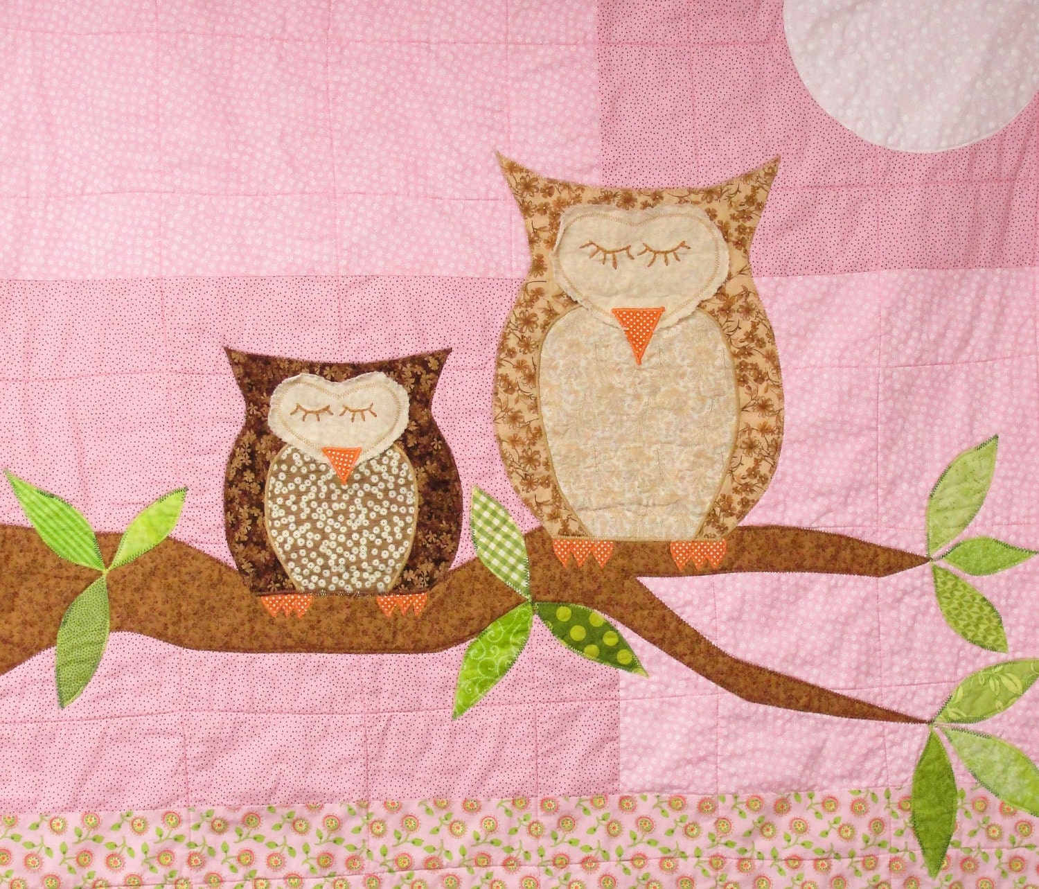 Owls baby quilt in pink, green and brown "How Big is the Sky"