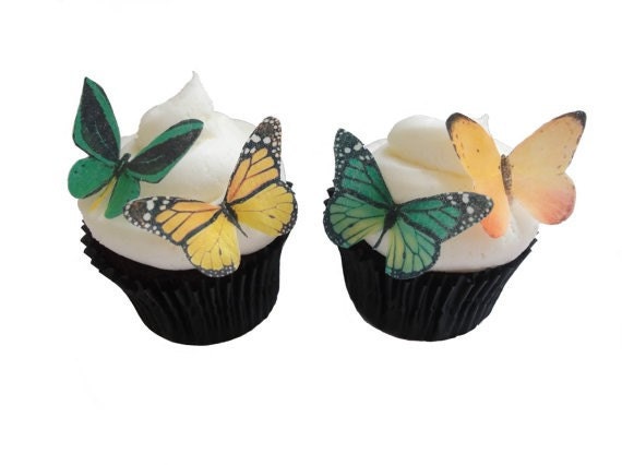 24 Mariposas de obleas comestibles - 24 verde y amarillo pequeño - decoración de tortas