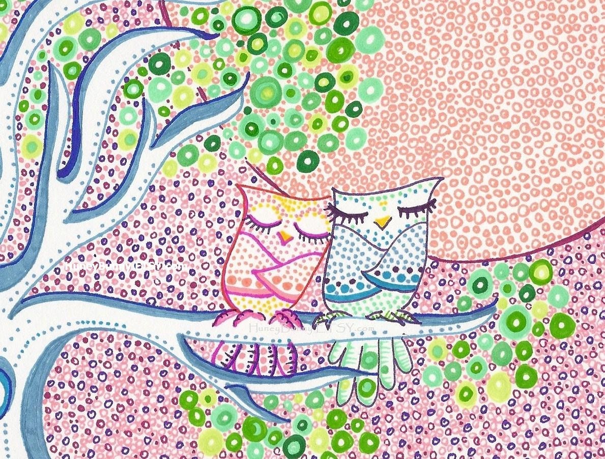 Owl Drawing - Morning Light Snuggles. 2 Owls on a spring morning.