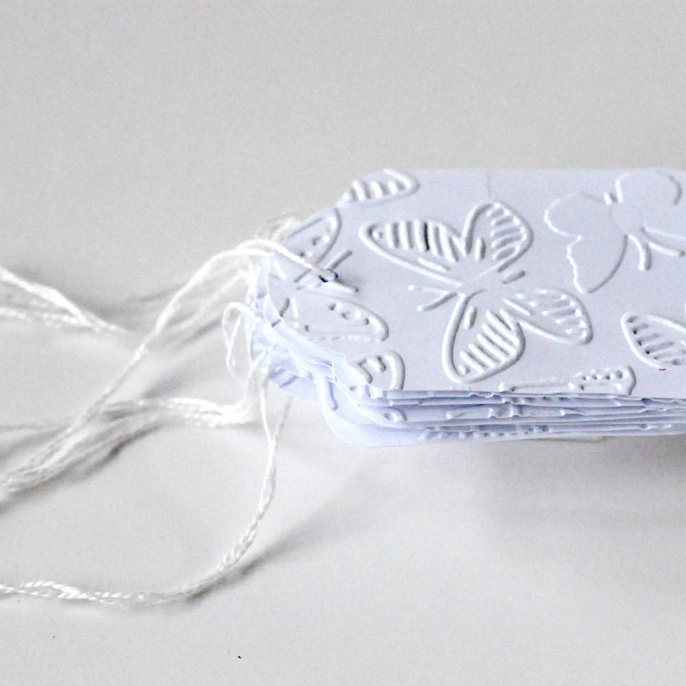 10 Embossed Butterflies Large Tags Threaded White