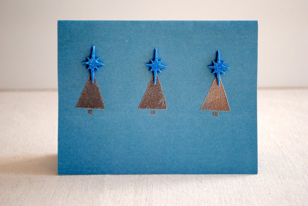 Christmas Cards Holiday Stamped Handmade Blank Inside - Set of 10 Blue Holiday Cards