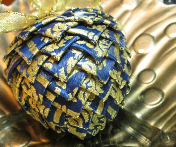 blue and gold christmas ornament, pine cone