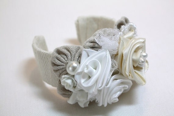 Vintage Satin Roses and Lace Cuff Bracelet with  Pearls, Tulle, Flowers and Linen