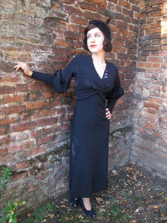 Claudette- Early 1930s inspired dress in wool crepe with leg o' mutton sleeves