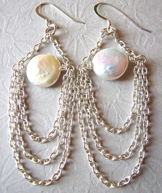 Freshwater Pearl Earrings, Vintage Wedding Jewelry, Silver Chandelier Earrings, Bridesmaid Jewelry