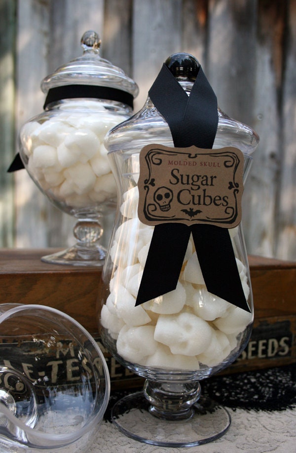 Apothecary Jar - 60 Skull Shaped Sugar Cubes - Tall Curvy Jar